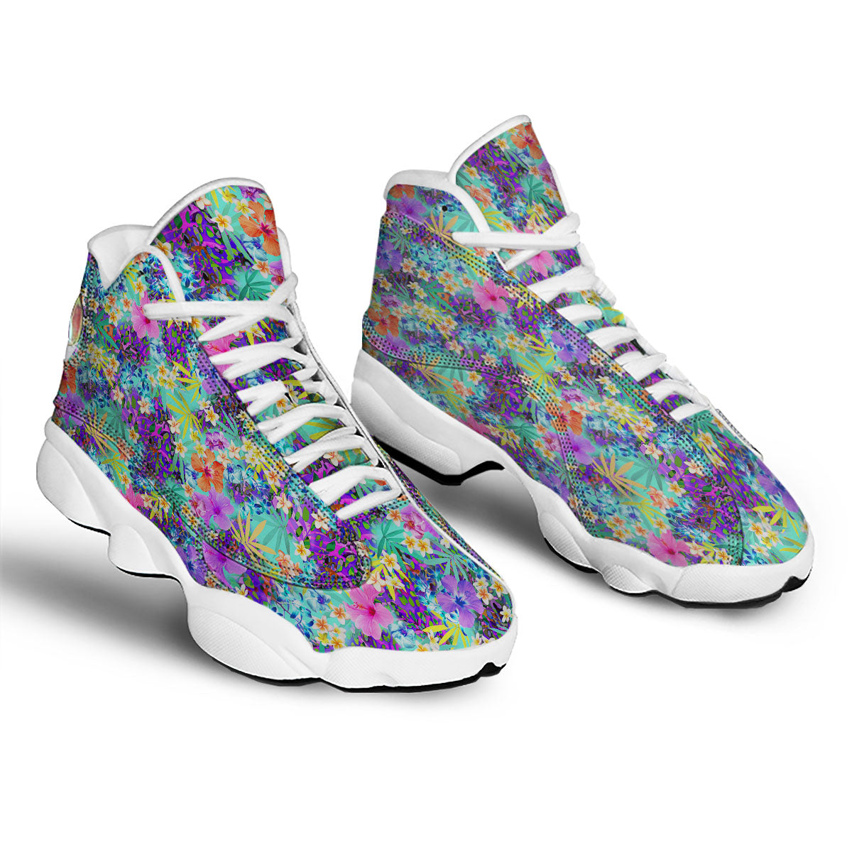 Tropical Neon Hibiscus Print Pattern White Basketball Shoes-grizzshop