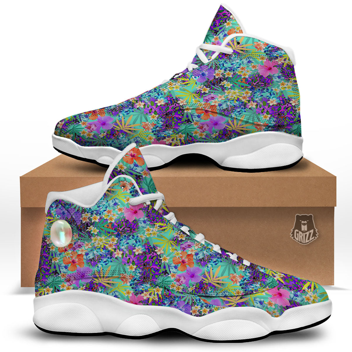 Tropical Neon Hibiscus Print Pattern White Basketball Shoes-grizzshop