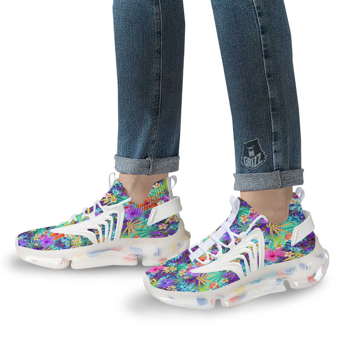 Tropical Neon Hibiscus Print Pattern White Gym Shoes-grizzshop