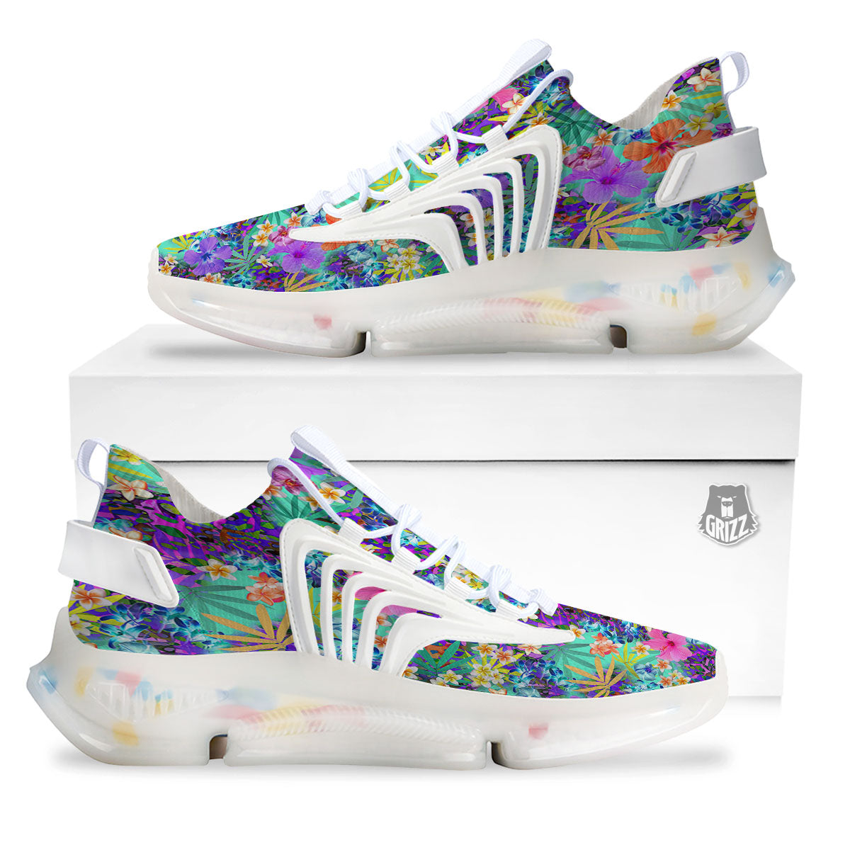 Tropical Neon Hibiscus Print Pattern White Gym Shoes-grizzshop