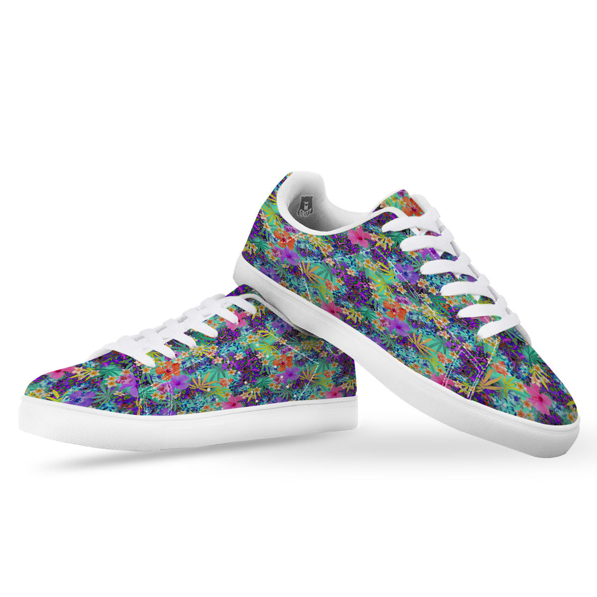 Tropical Neon Hibiscus Print Pattern White Low Top Sneakers-grizzshop