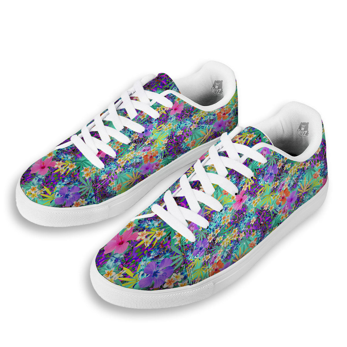 Tropical Neon Hibiscus Print Pattern White Low Top Sneakers-grizzshop