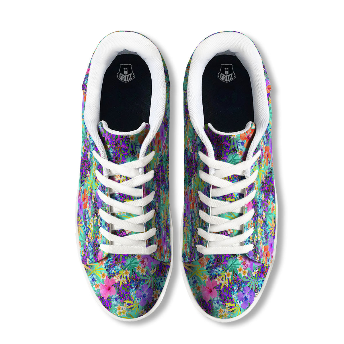 Tropical Neon Hibiscus Print Pattern White Low Top Sneakers-grizzshop