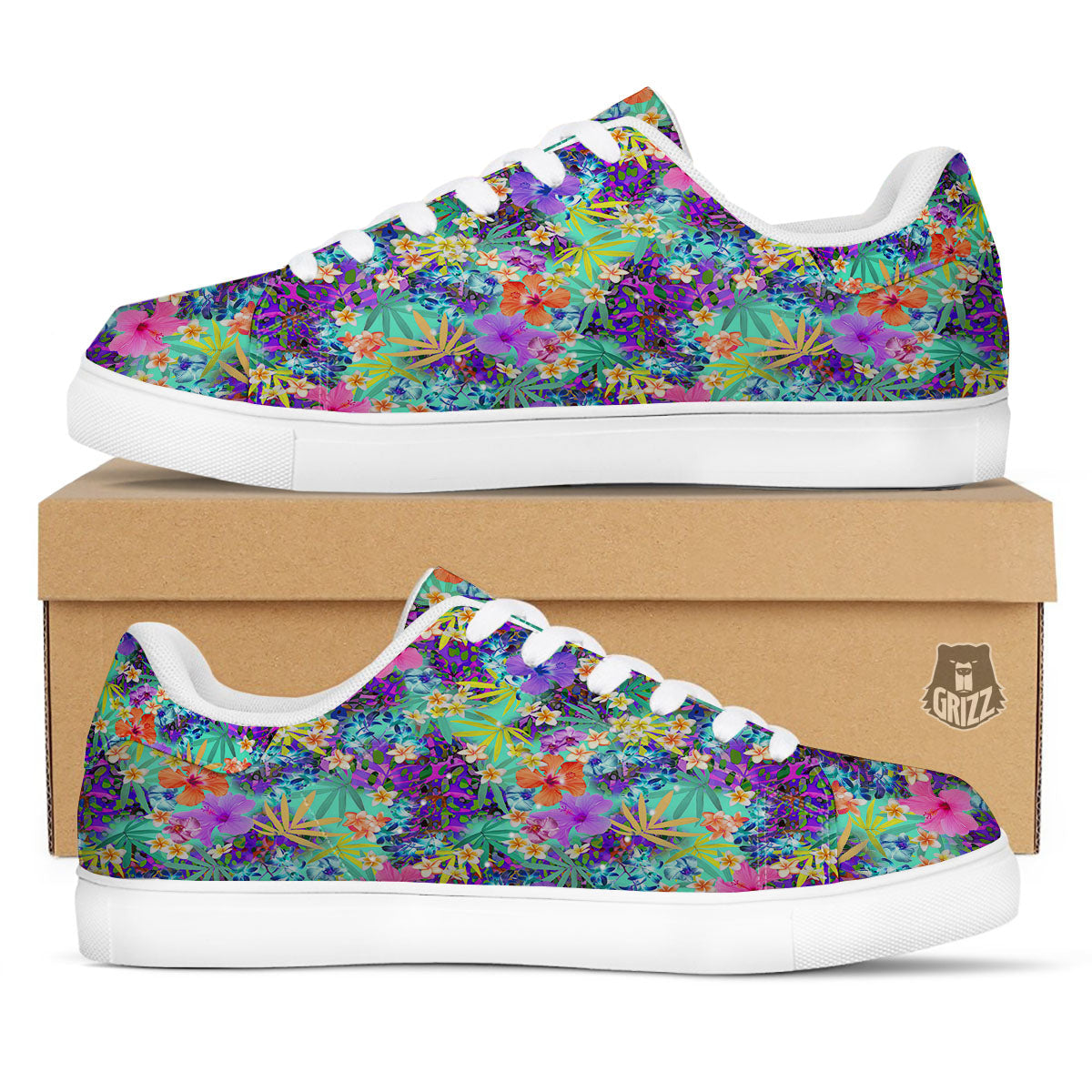 Tropical Neon Hibiscus Print Pattern White Low Top Sneakers-grizzshop