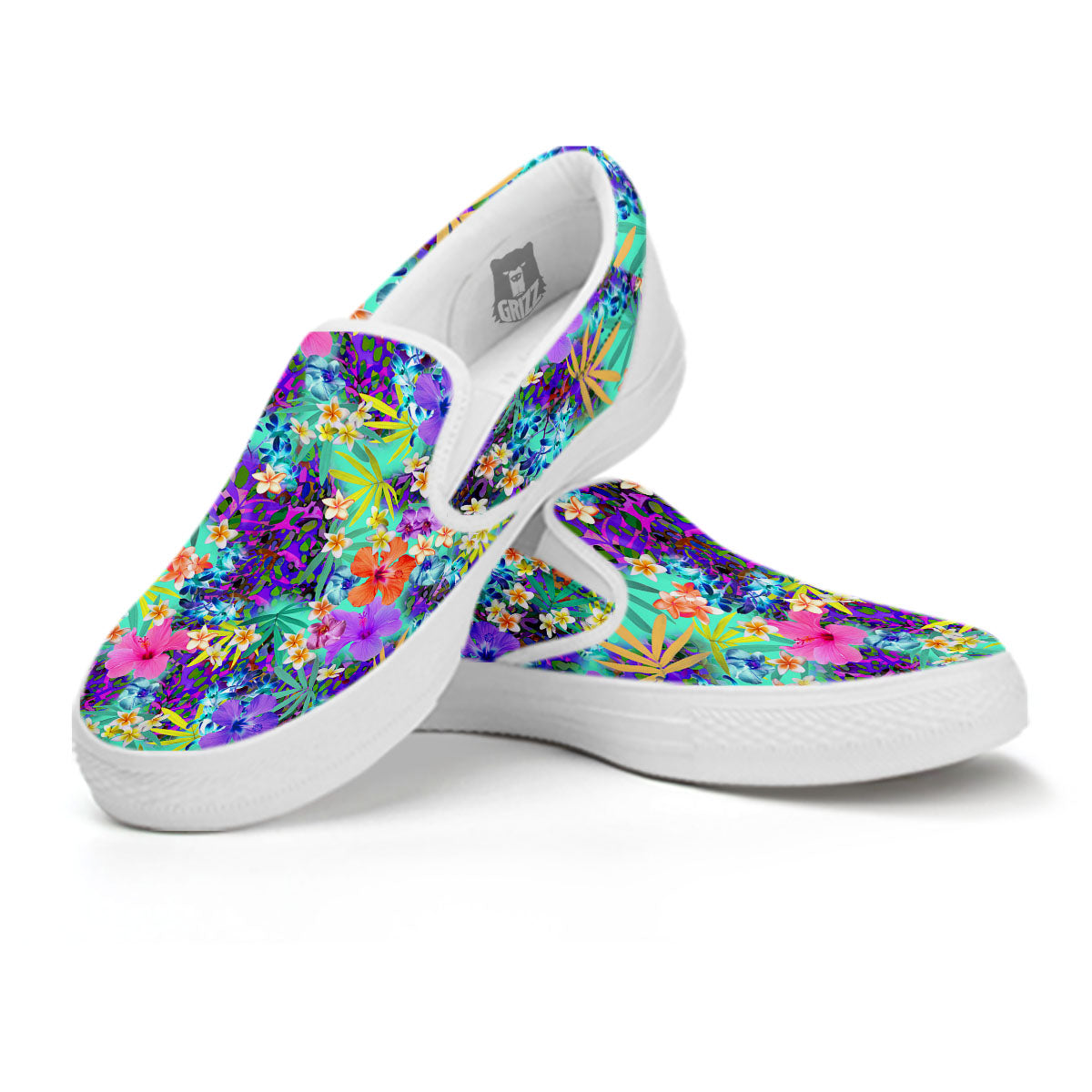 Tropical Neon Hibiscus Print Pattern White Slip On Shoes-grizzshop