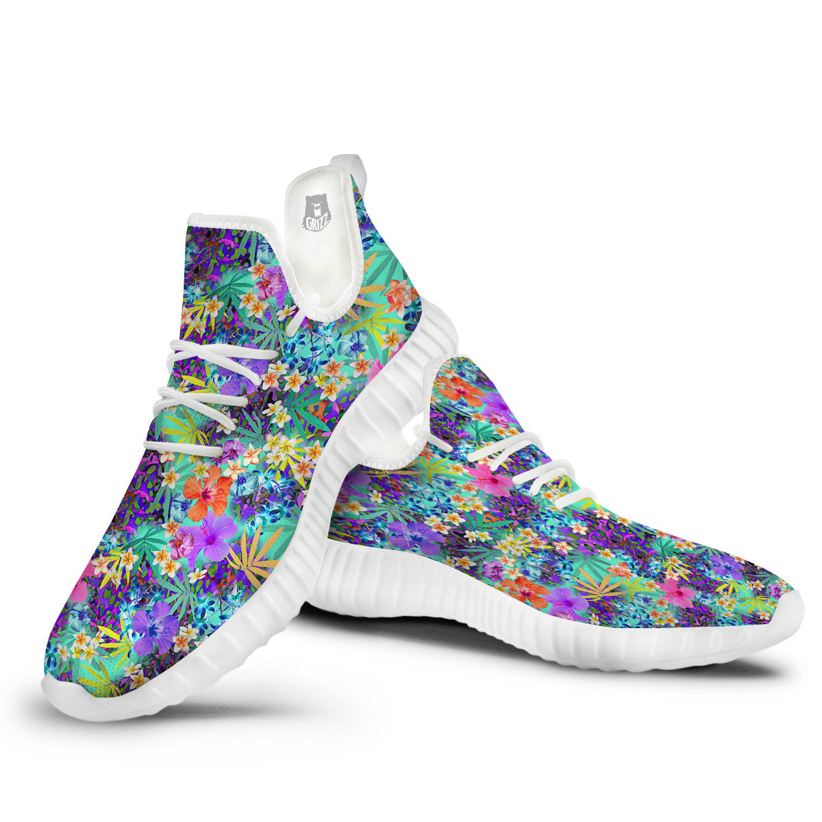Tropical Neon Hibiscus Print Pattern White Walking Shoes-grizzshop