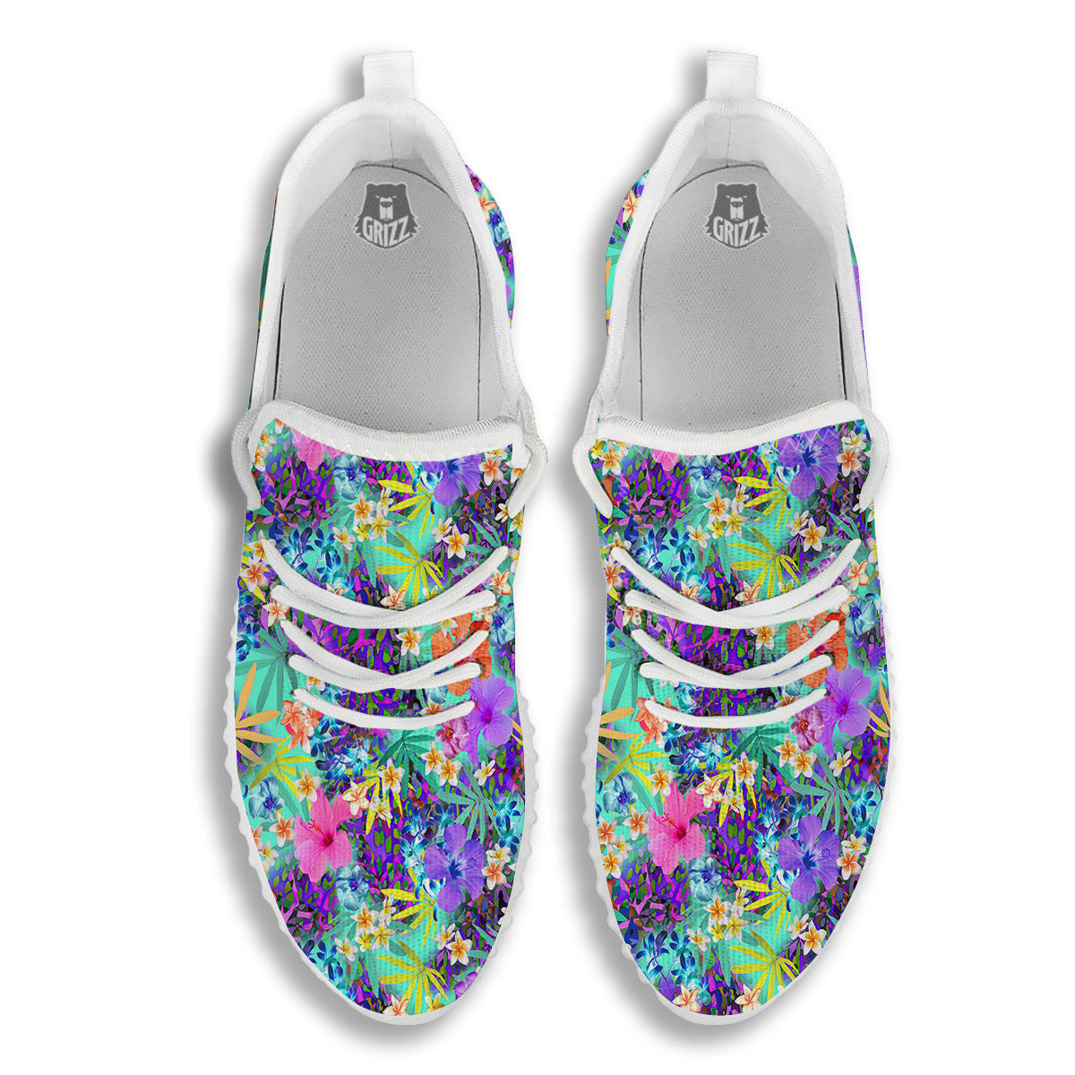 Tropical Neon Hibiscus Print Pattern White Walking Shoes-grizzshop