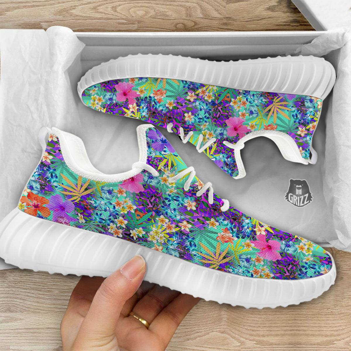Tropical Neon Hibiscus Print Pattern White Walking Shoes-grizzshop