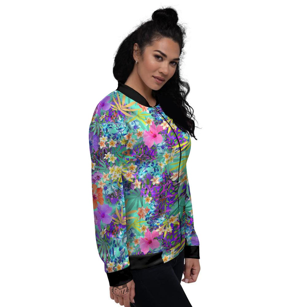 Tropical Neon Hibiscus Print Pattern Women's Bomber Jacket-grizzshop