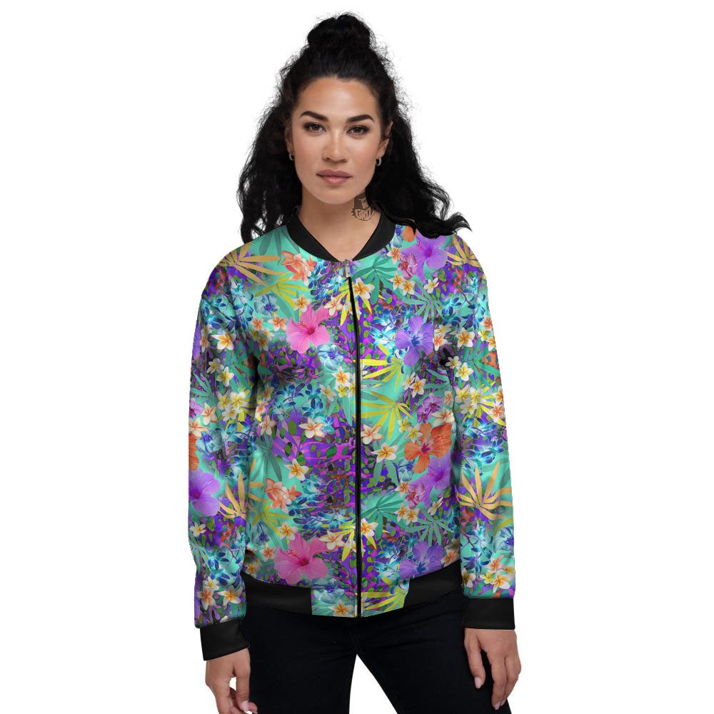 Tropical Neon Hibiscus Print Pattern Women's Bomber Jacket-grizzshop