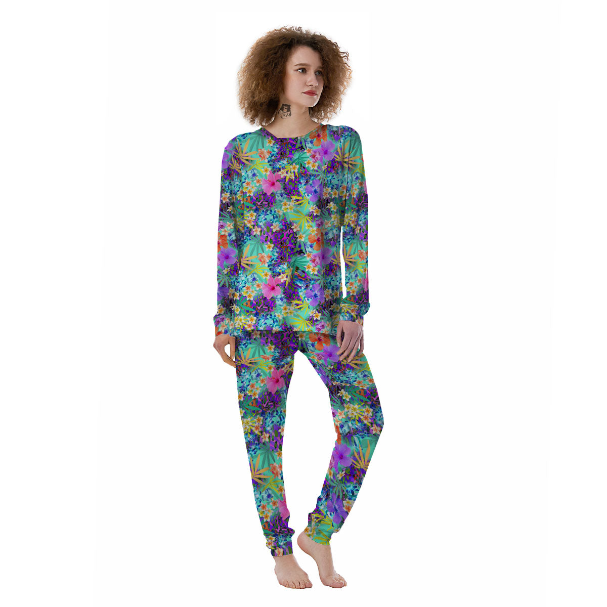 Tropical Neon Hibiscus Print Pattern Women's Pajamas-grizzshop
