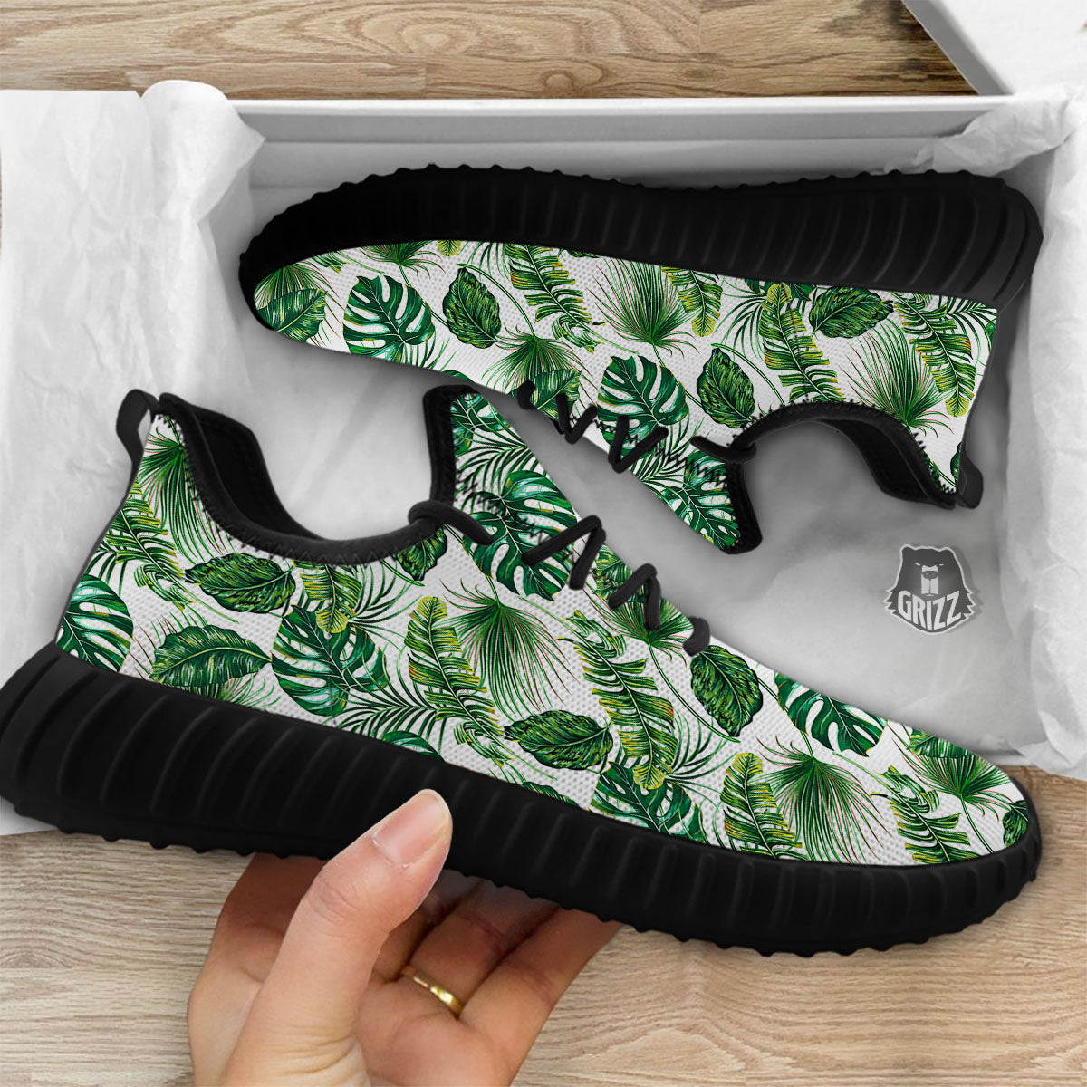 Tropical Palm Hawaiian Print Pattern Black Walking Shoes-grizzshop