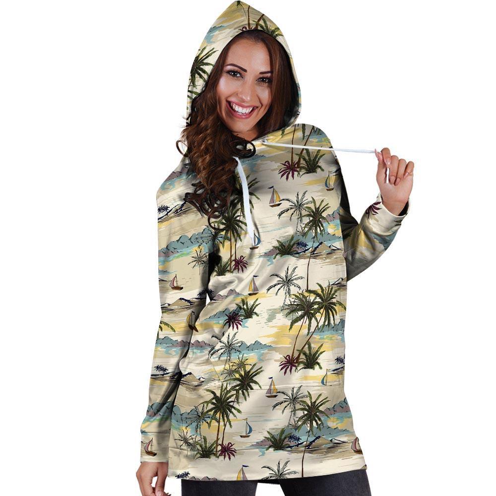 Tropical Palm Lead Island Print Hoodie Dress-grizzshop