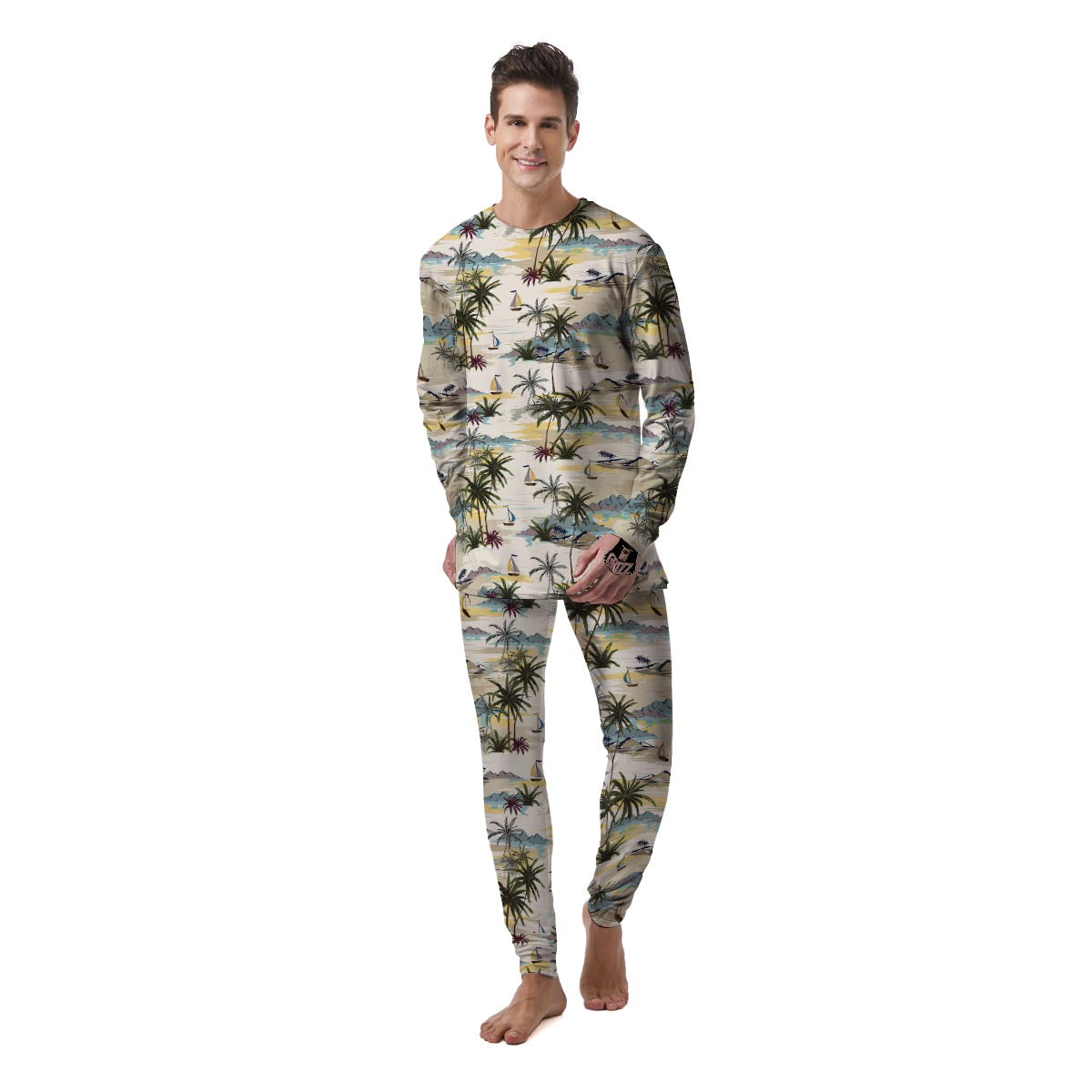 Tropical Palm Lead Island Print Men's Pajamas-grizzshop