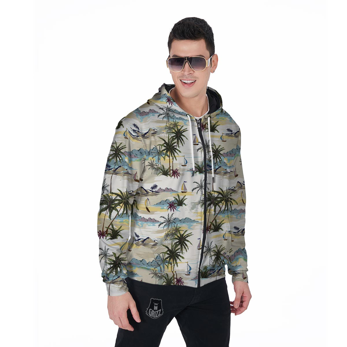 Tropical Palm Lead Island Print Men's Zip Up Hoodie-grizzshop