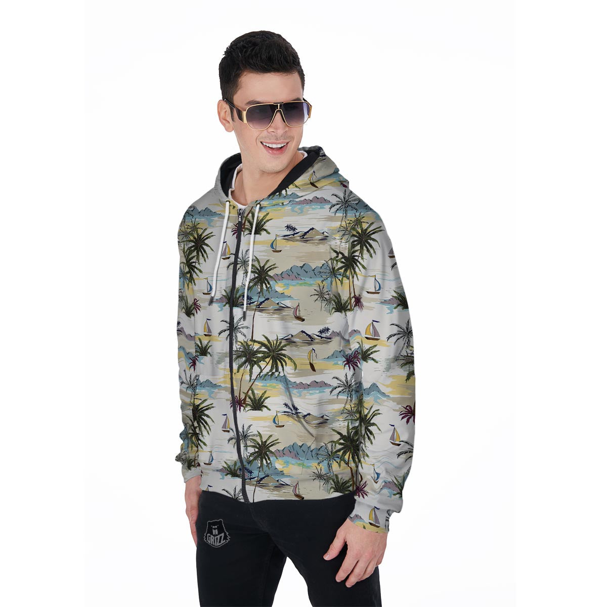 Tropical Palm Lead Island Print Men's Zip Up Hoodie-grizzshop