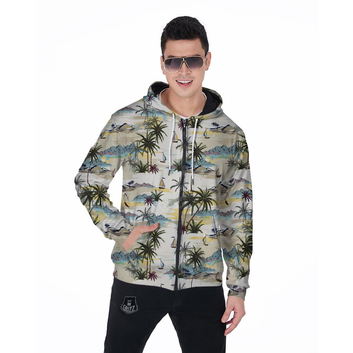 Tropical Palm Lead Island Print Men's Zip Up Hoodie-grizzshop