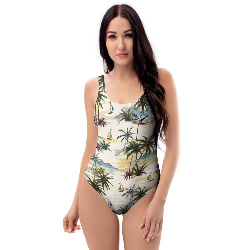 Tropical Palm Lead Island Print One Piece Swimsuite-grizzshop