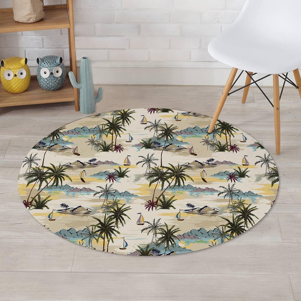 Tropical Palm Lead Island Print Round Rug-grizzshop