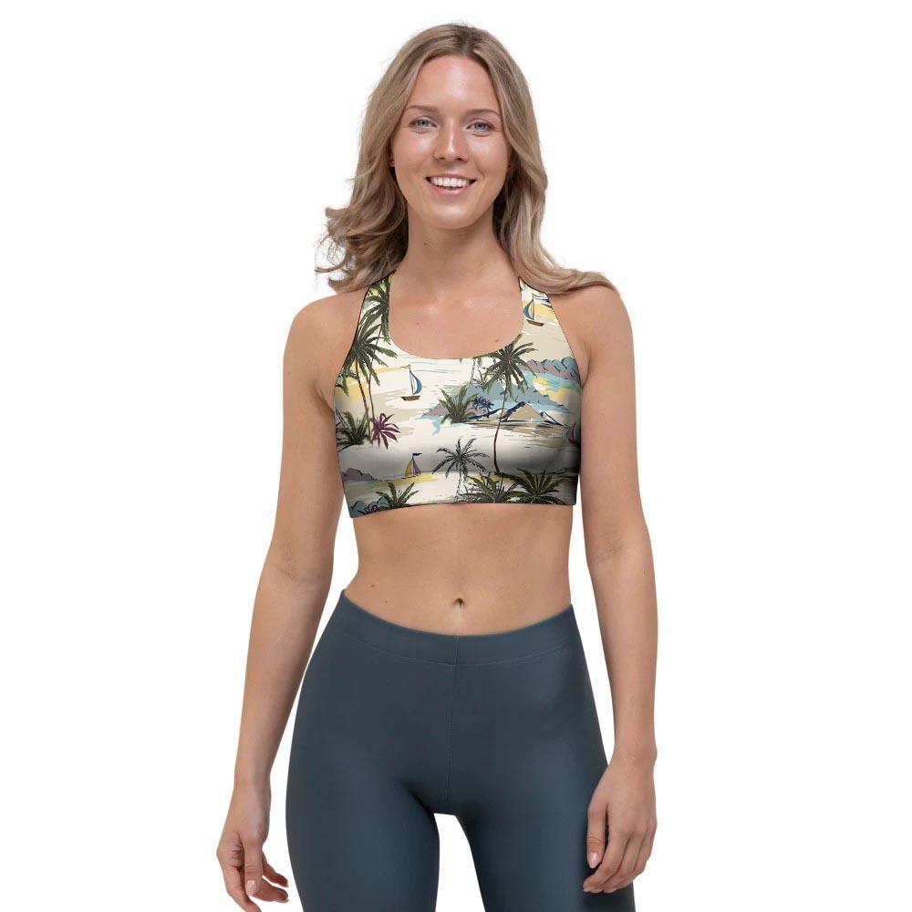 Tropical Palm Lead Island Print Sports Bra-grizzshop