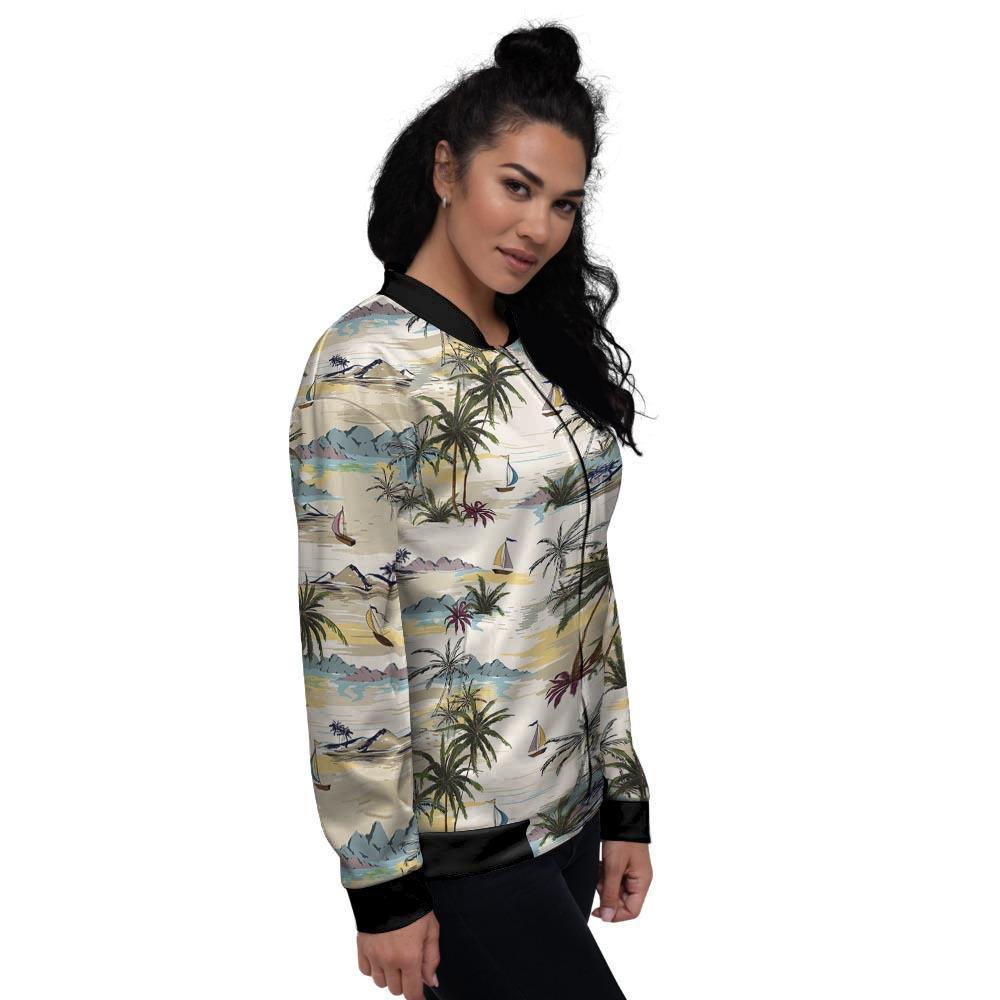 Tropical Palm Lead Island Print Women's Bomber Jacket-grizzshop