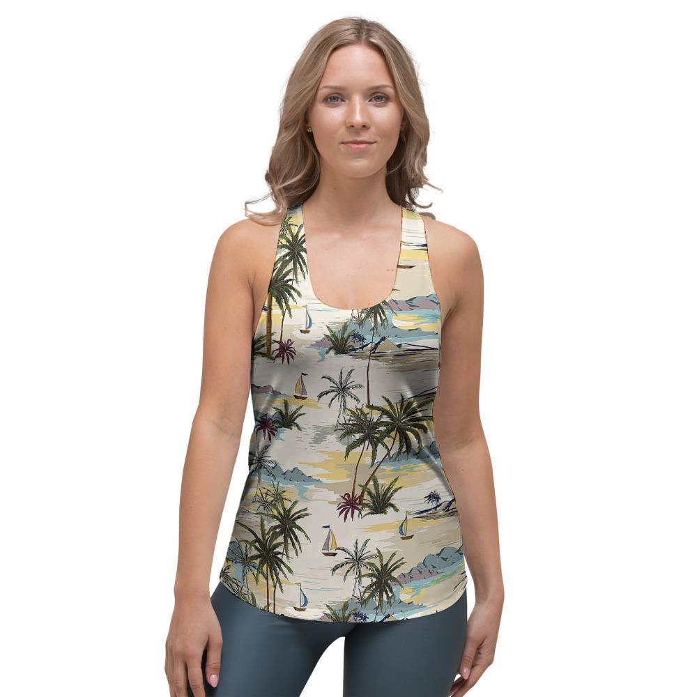 Tropical Palm Lead Island Print Women's Racerback Tank Top-grizzshop