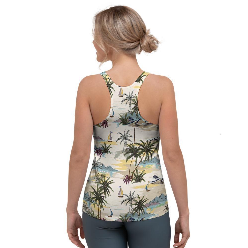 Tropical Palm Lead Island Print Women's Racerback Tank Top-grizzshop