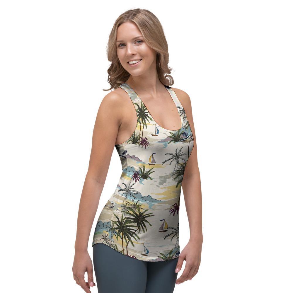 Tropical Palm Lead Island Print Women's Racerback Tank Top-grizzshop