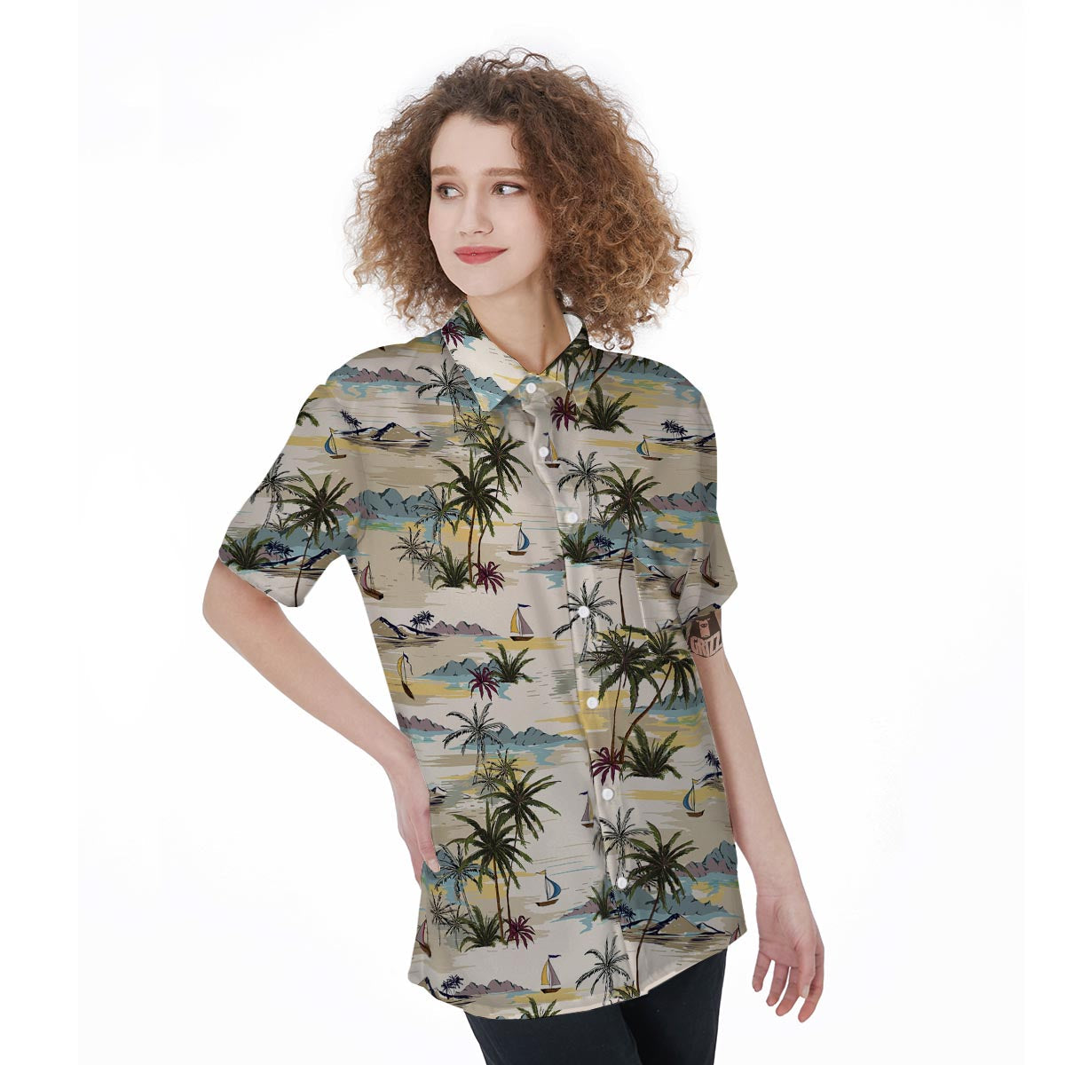 Tropical Palm Lead Island Print Women's Short Sleeve Shirts-grizzshop