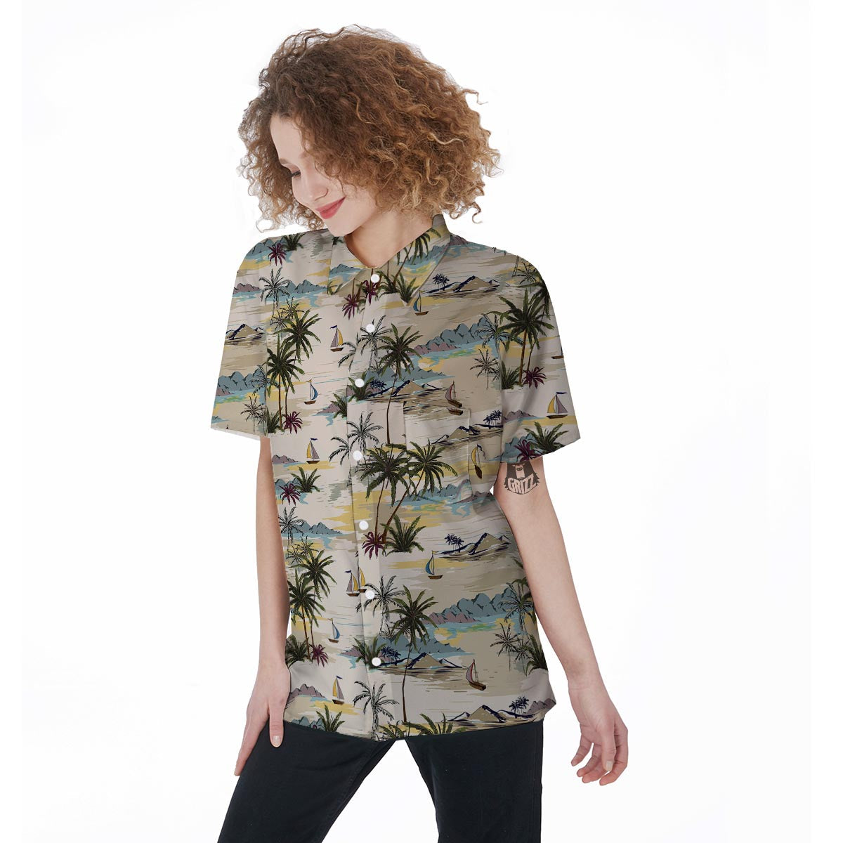 Tropical Palm Lead Island Print Women's Short Sleeve Shirts-grizzshop