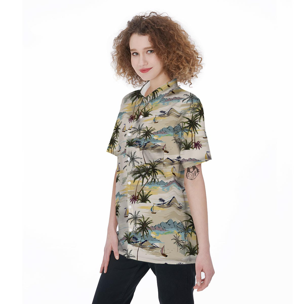 Tropical Palm Lead Island Print Women's Short Sleeve Shirts-grizzshop