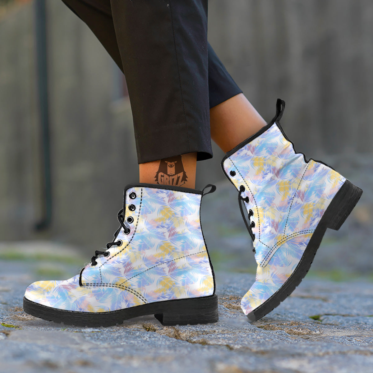 Tropical Palm Leaf Pastel Print Pattern Leather Boots-grizzshop