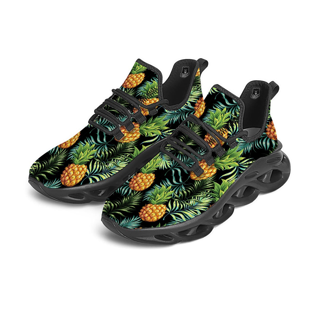 Tropical Palm Leaf Pineapple Print Black Running Shoes-grizzshop
