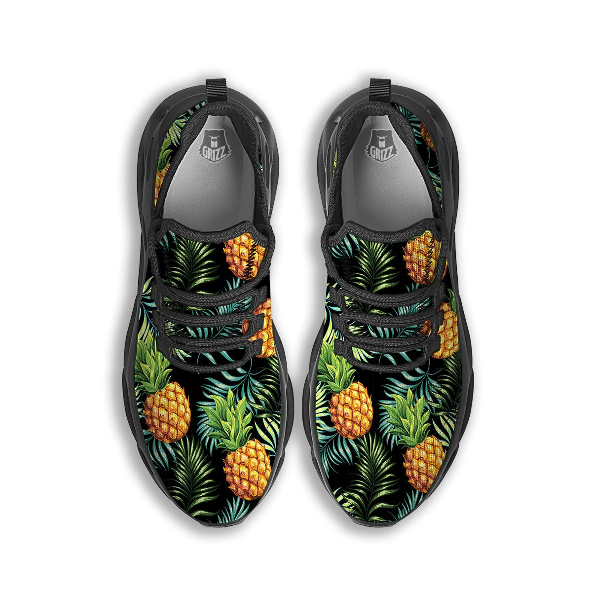 Tropical Palm Leaf Pineapple Print Black Running Shoes-grizzshop