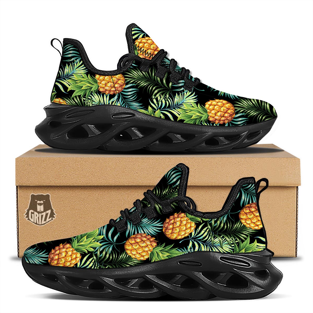 Tropical Palm Leaf Pineapple Print Black Running Shoes-grizzshop