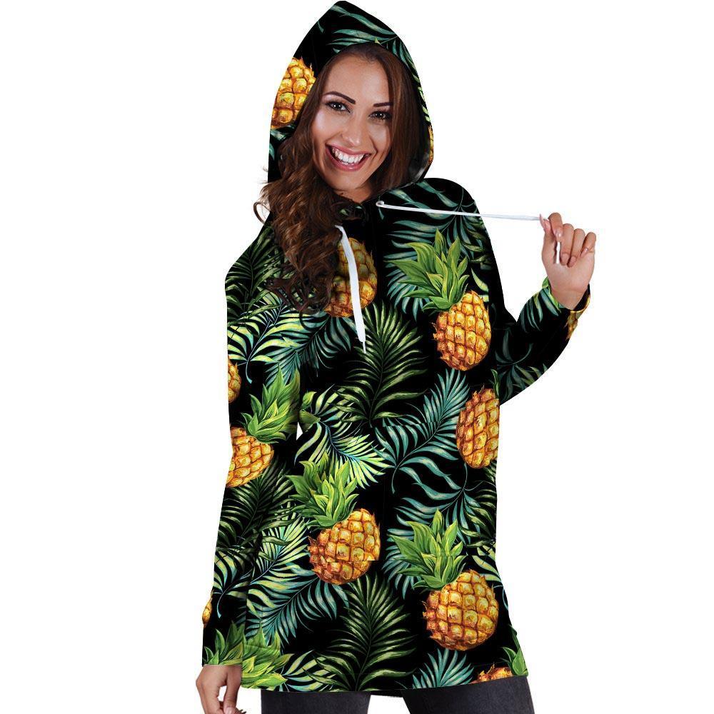 Tropical Palm Leaf Pineapple Print Hoodie Dress-grizzshop