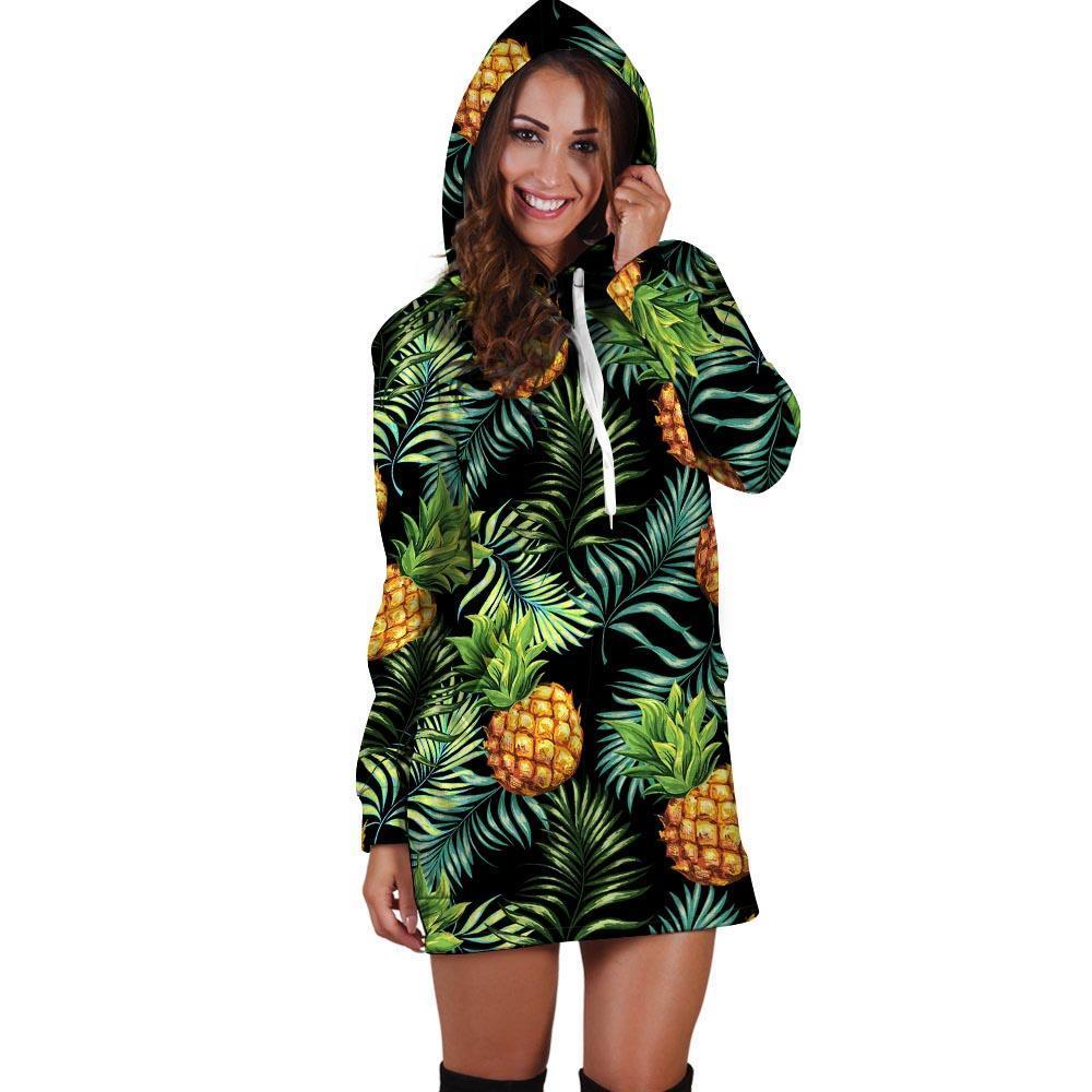 Tropical Palm Leaf Pineapple Print Hoodie Dress-grizzshop