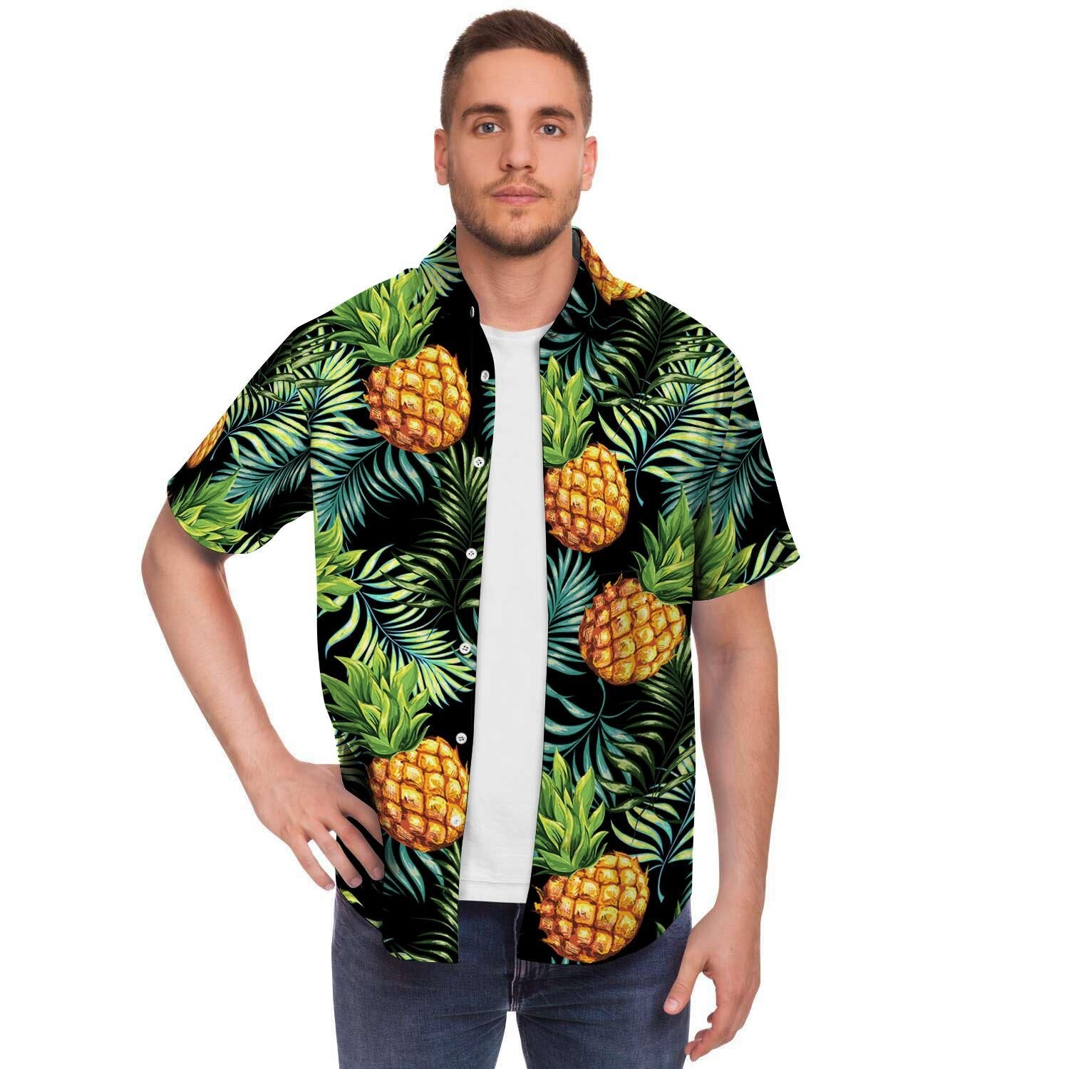 Tropical Palm Leaf Pineapple Print Men's Short Sleeve Shirt-grizzshop