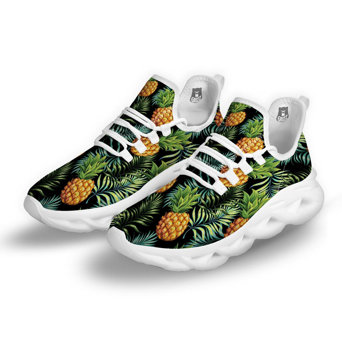 Tropical Palm Leaf Pineapple Print White Running Shoes-grizzshop