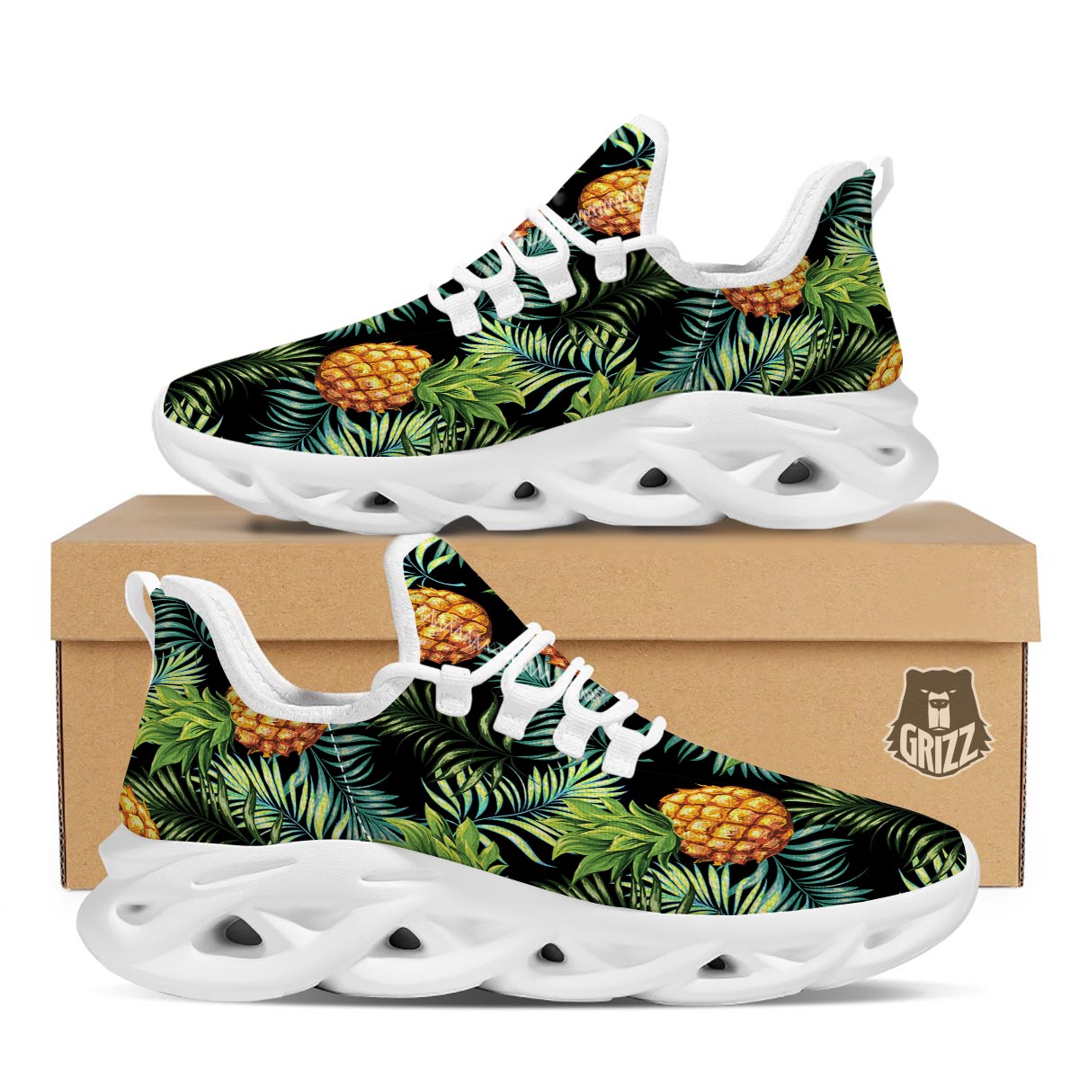 Tropical Palm Leaf Pineapple Print White Running Shoes-grizzshop