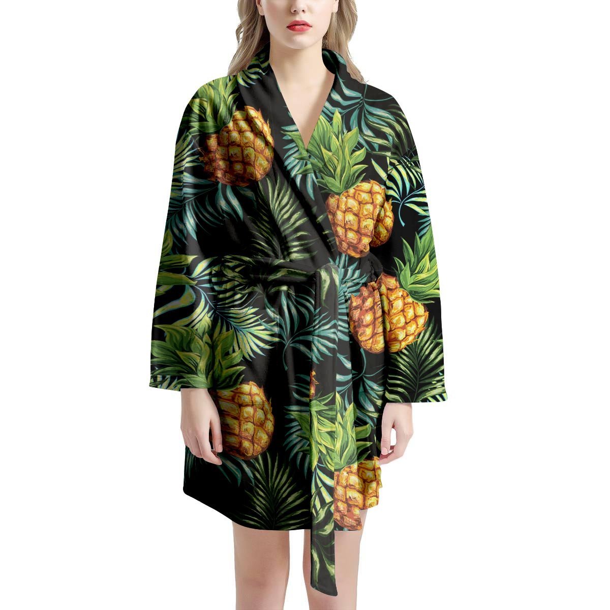 Tropical Palm Leaf Pineapple Print Women's Robe-grizzshop