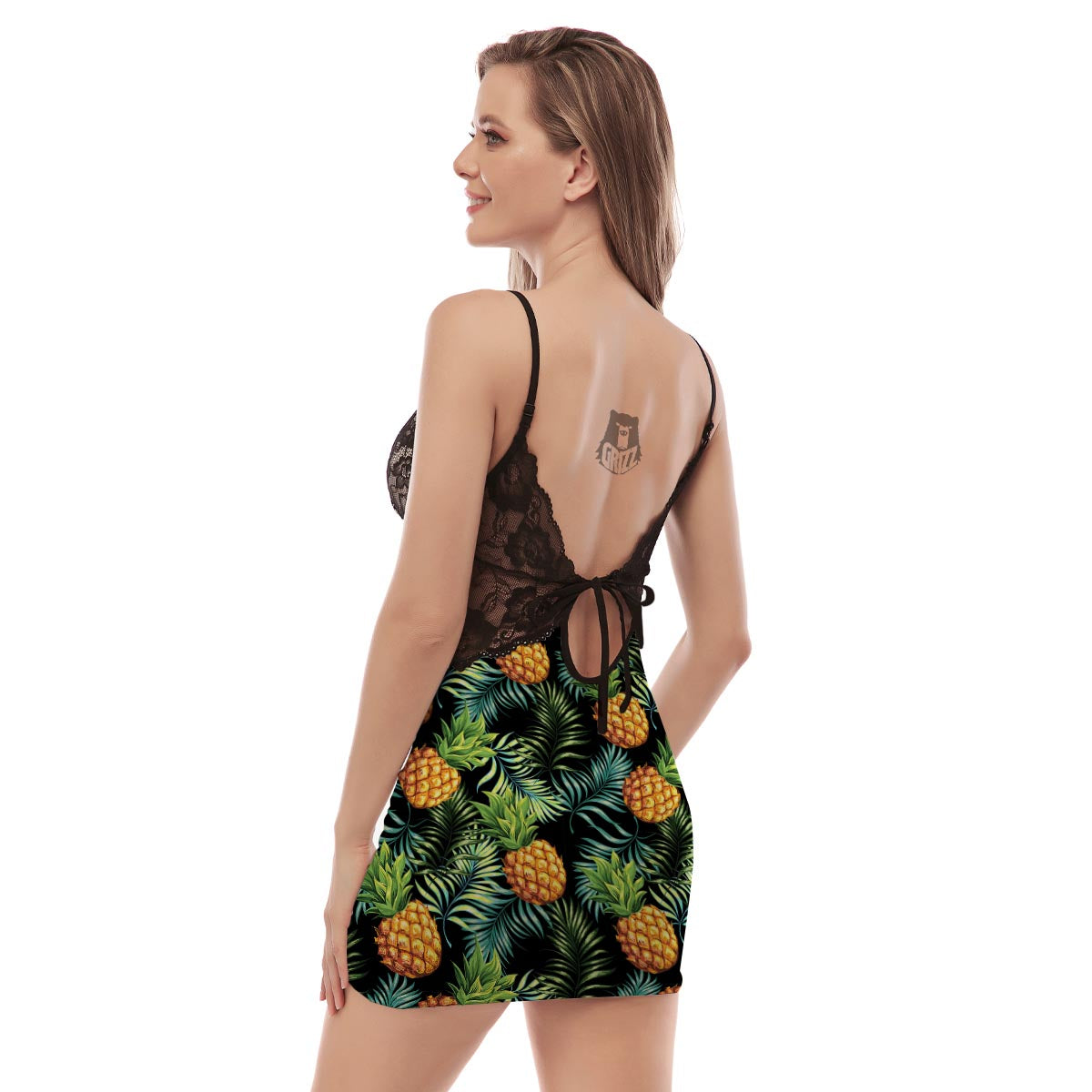 Tropical Palm Leaf Pineapple Print Women's Sexy Night Dress-grizzshop