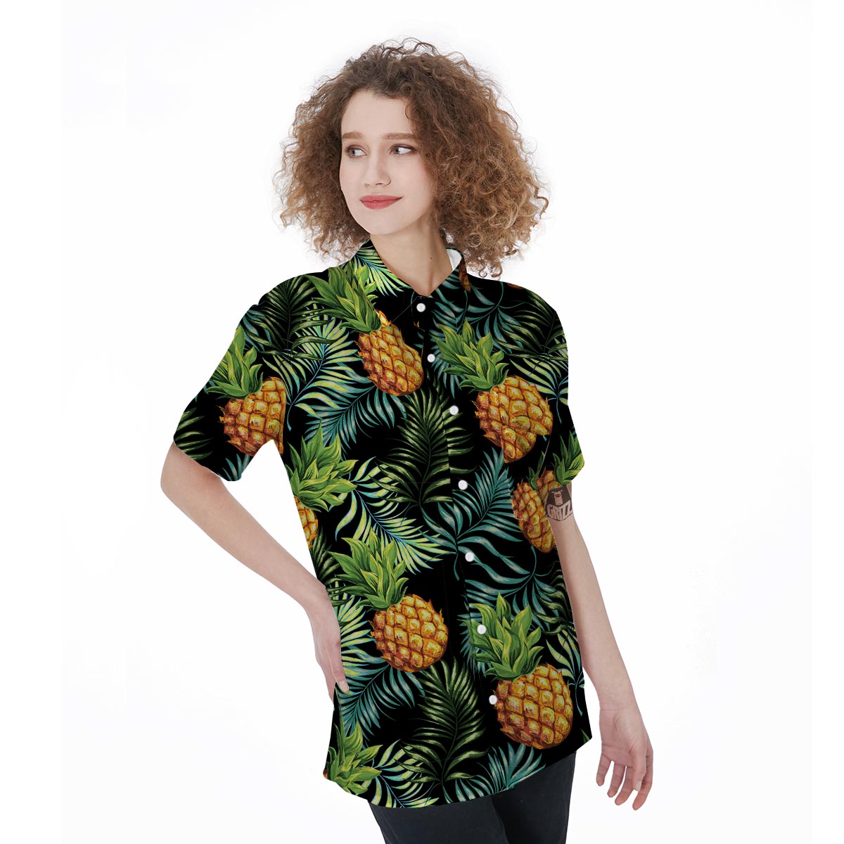 Tropical Palm Leaf Pineapple Print Women's Short Sleeve Shirts-grizzshop