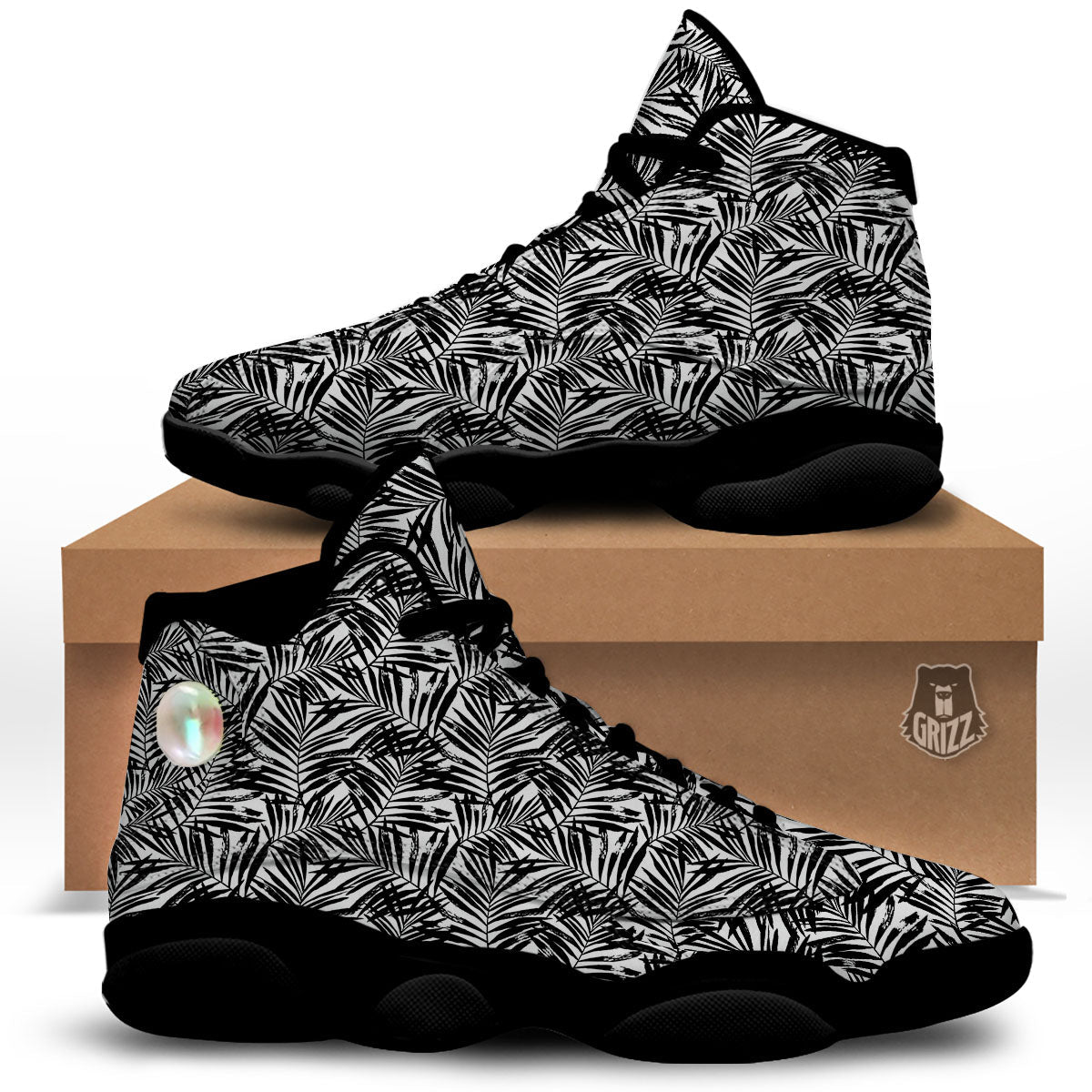 Tropical Palm Leaf White And Black Print Black Basketball Shoes-grizzshop