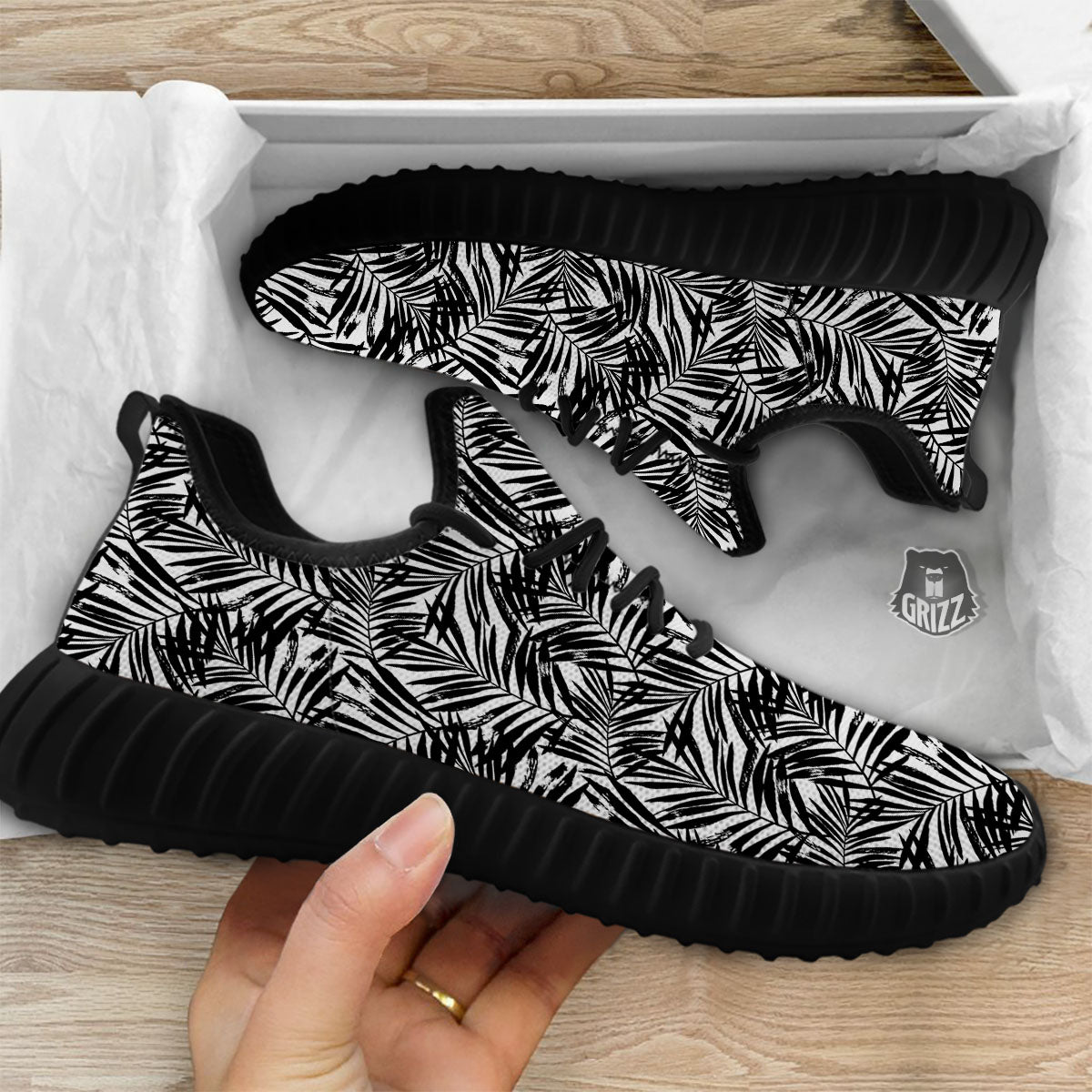 Tropical Palm Leaf White And Black Print Black Walking Shoes-grizzshop
