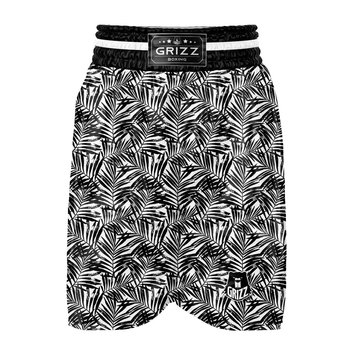 Tropical Palm Leaf White And Black Print Boxing Shorts-grizzshop