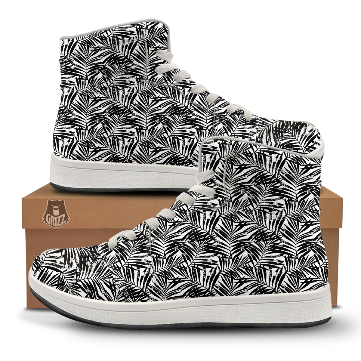 Tropical Palm Leaf White And Black Print High Top Sneakers-grizzshop