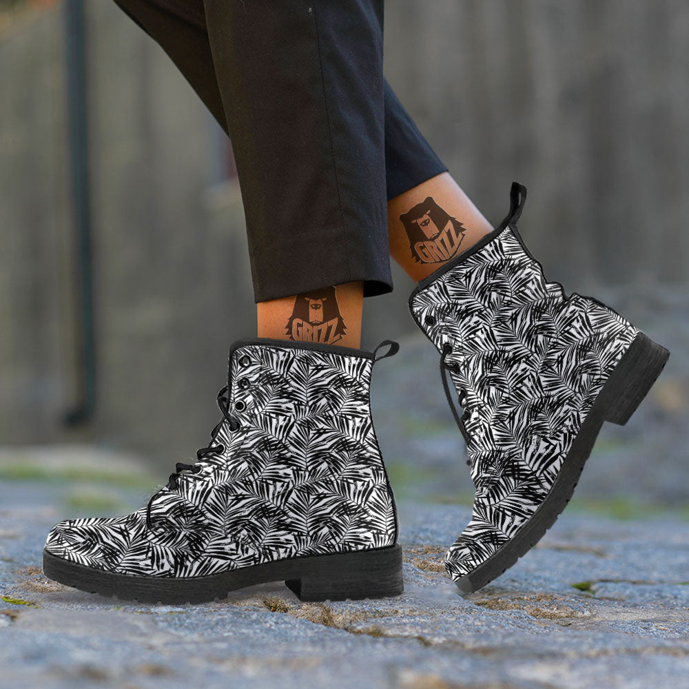 Tropical Palm Leaf White And Black Print Leather Boots-grizzshop
