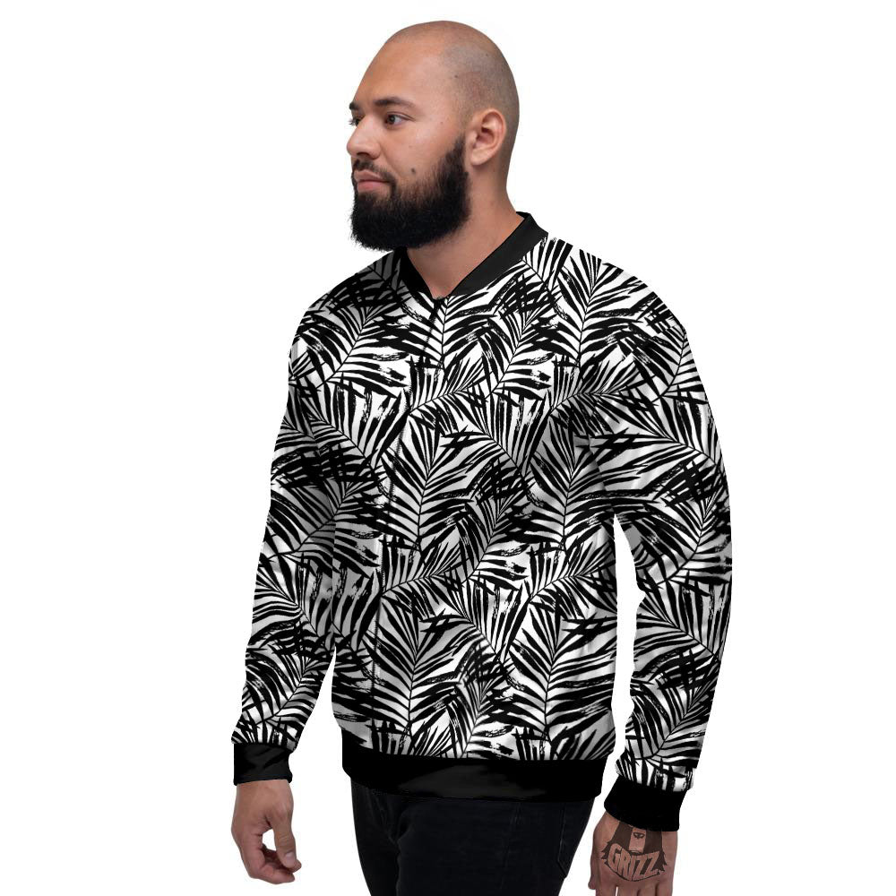 Tropical Palm Leaf White And Black Print Men's Bomber Jacket-grizzshop