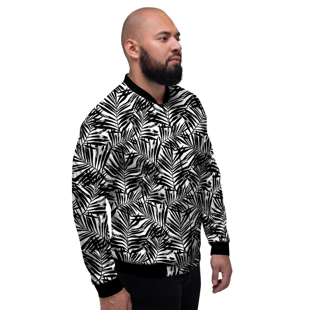Tropical Palm Leaf White And Black Print Men's Bomber Jacket-grizzshop